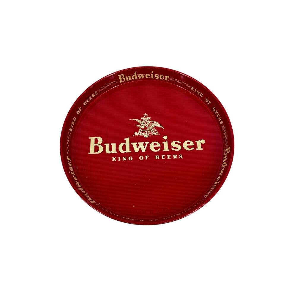 Vintage Budweiser King of Beers Tin Red Metal Serving Tray 13in Round